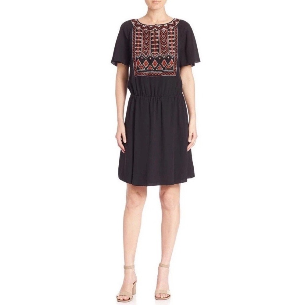 Tory Burch Black Silk Embroidered Bib Mini Dress Short Sleeve Size 2